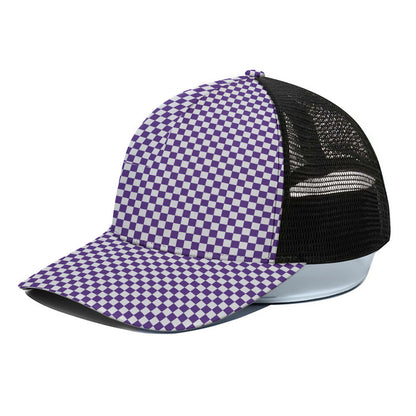 Purple And White Checkered Pattern Print Black Mesh Trucker Cap