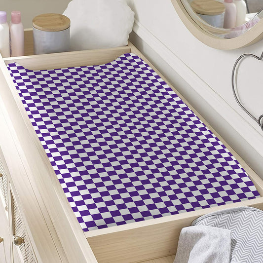 Purple And White Checkered Pattern Print Changing Pad Cover
