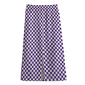 Purple And White Checkered Pattern Print Cotton Front Slit Maxi Skirt