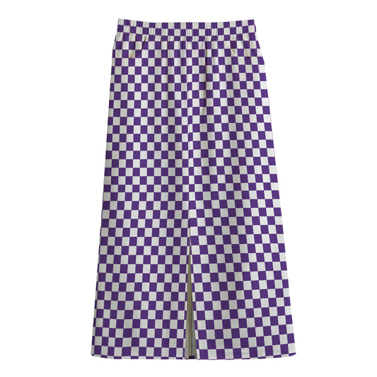 Purple And White Checkered Pattern Print Cotton Front Slit Maxi Skirt