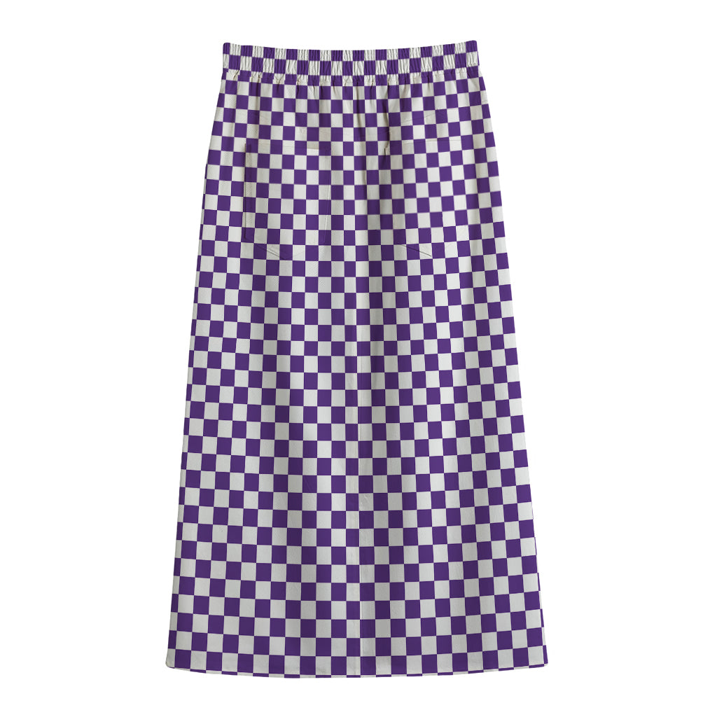 Purple And White Checkered Pattern Print Cotton Front Slit Maxi Skirt