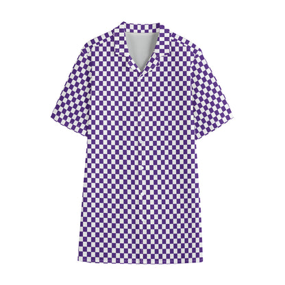 Purple And White Checkered Pattern Print Cotton Hawaiian Shirt