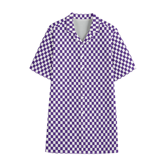 Purple And White Checkered Pattern Print Cotton Hawaiian Shirt