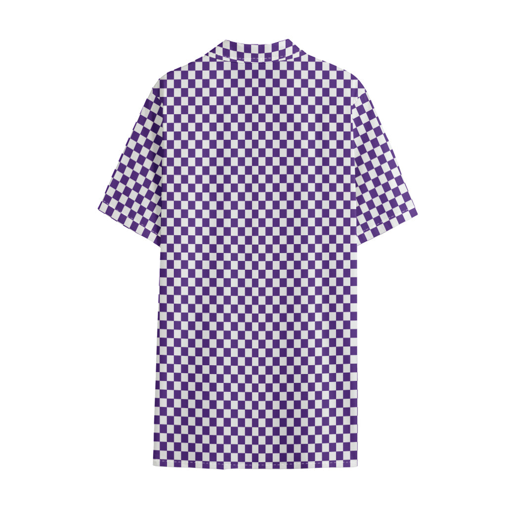 Purple And White Checkered Pattern Print Cotton Hawaiian Shirt
