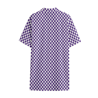 Purple And White Checkered Pattern Print Cotton Hawaiian Shirt