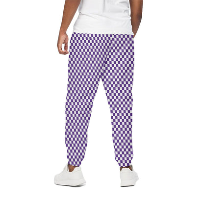 Purple And White Checkered Pattern Print Cotton Pants