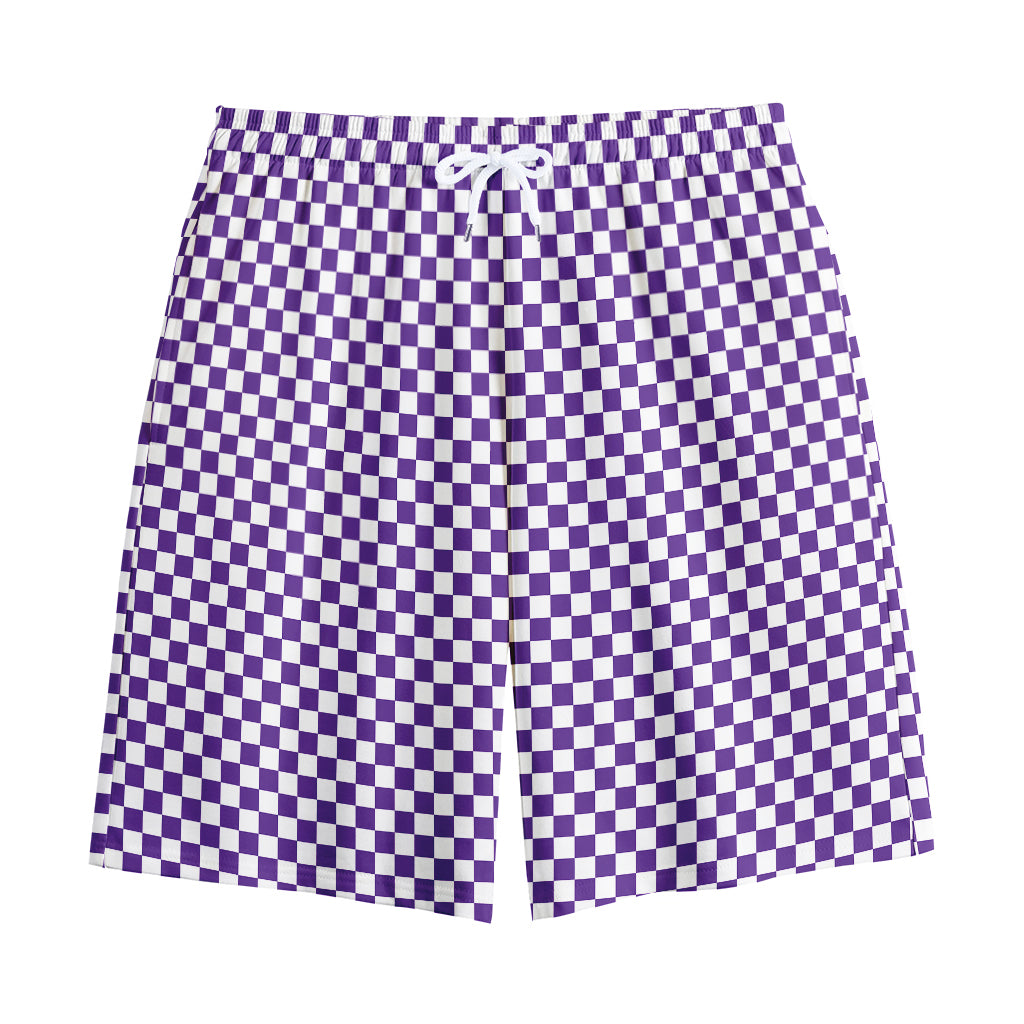 Purple And White Checkered Pattern Print Cotton Shorts