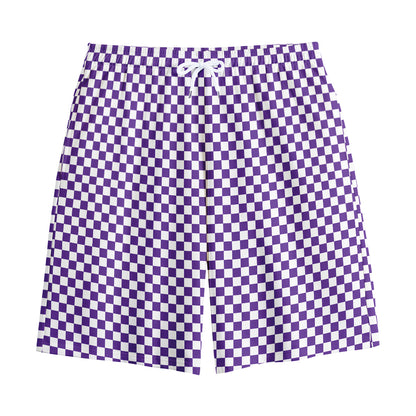 Purple And White Checkered Pattern Print Cotton Shorts