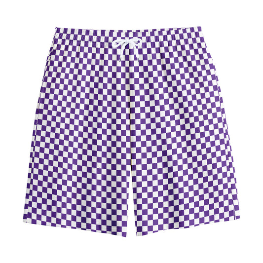 Purple And White Checkered Pattern Print Cotton Shorts