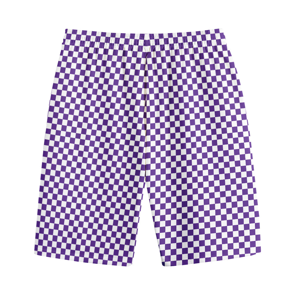 Purple And White Checkered Pattern Print Cotton Shorts
