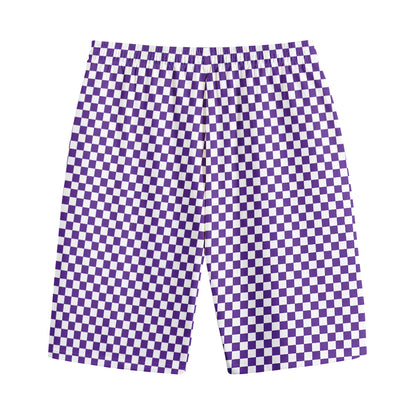 Purple And White Checkered Pattern Print Cotton Shorts