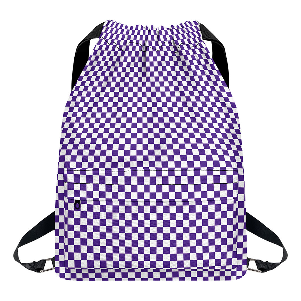 Purple And White Checkered Pattern Print Drawstring Backpack