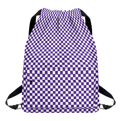 Purple And White Checkered Pattern Print Drawstring Backpack