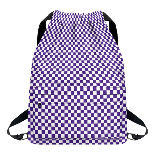 Purple And White Checkered Pattern Print Drawstring Backpack