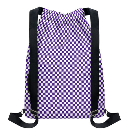 Purple And White Checkered Pattern Print Drawstring Backpack