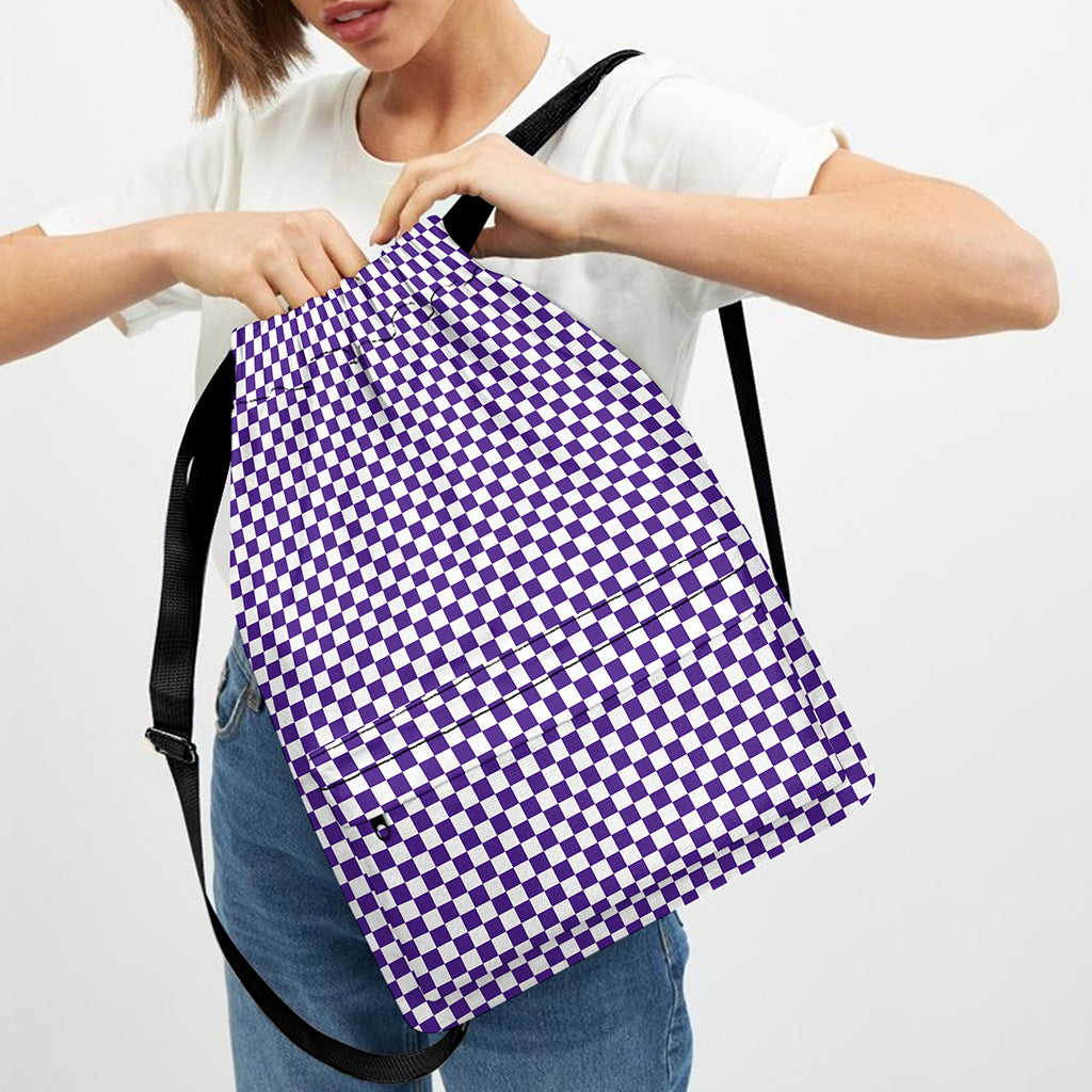 Purple And White Checkered Pattern Print Drawstring Backpack