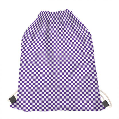 Purple And White Checkered Pattern Print Drawstring Bag