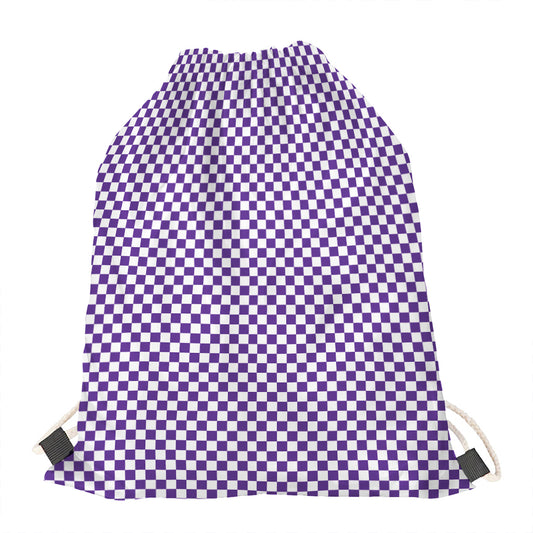 Purple And White Checkered Pattern Print Drawstring Bag