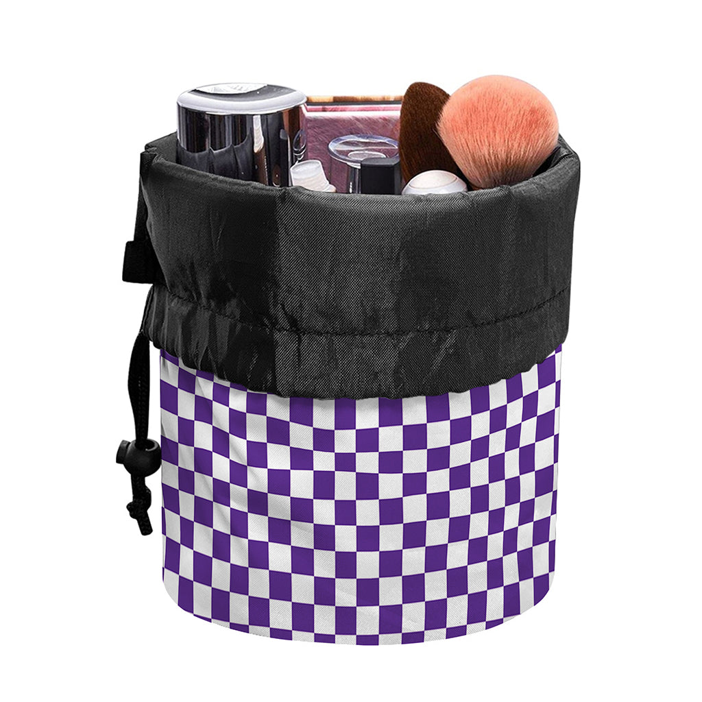 Purple And White Checkered Pattern Print Drawstring Makeup Bag