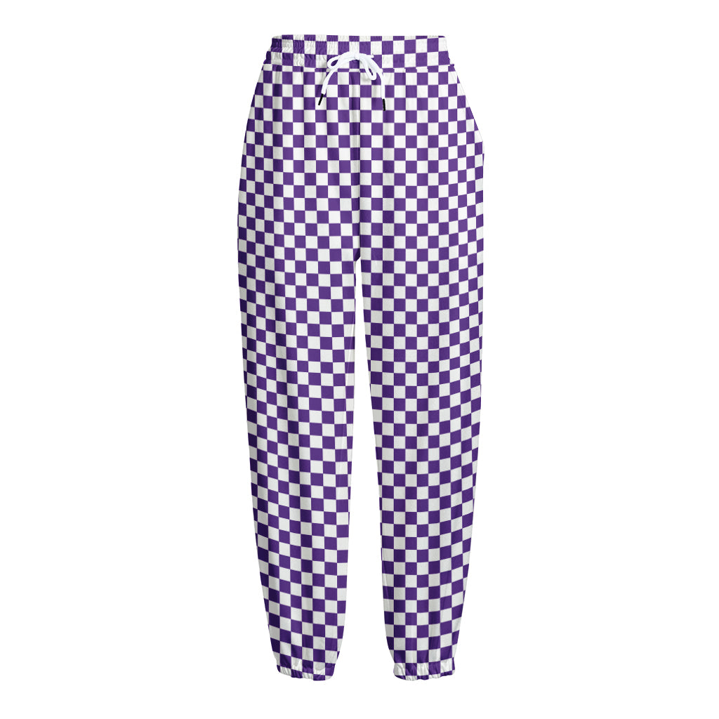 Purple And White Checkered Pattern Print Fleece Lined Knit Pants