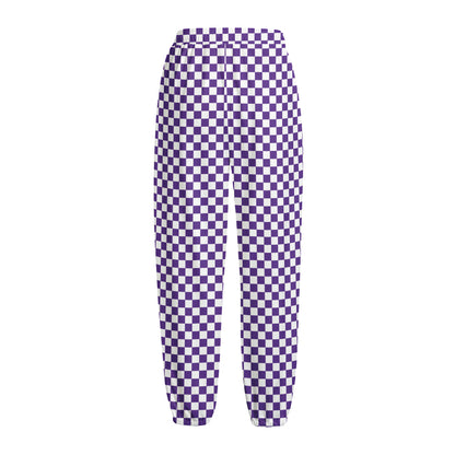 Purple And White Checkered Pattern Print Fleece Lined Knit Pants