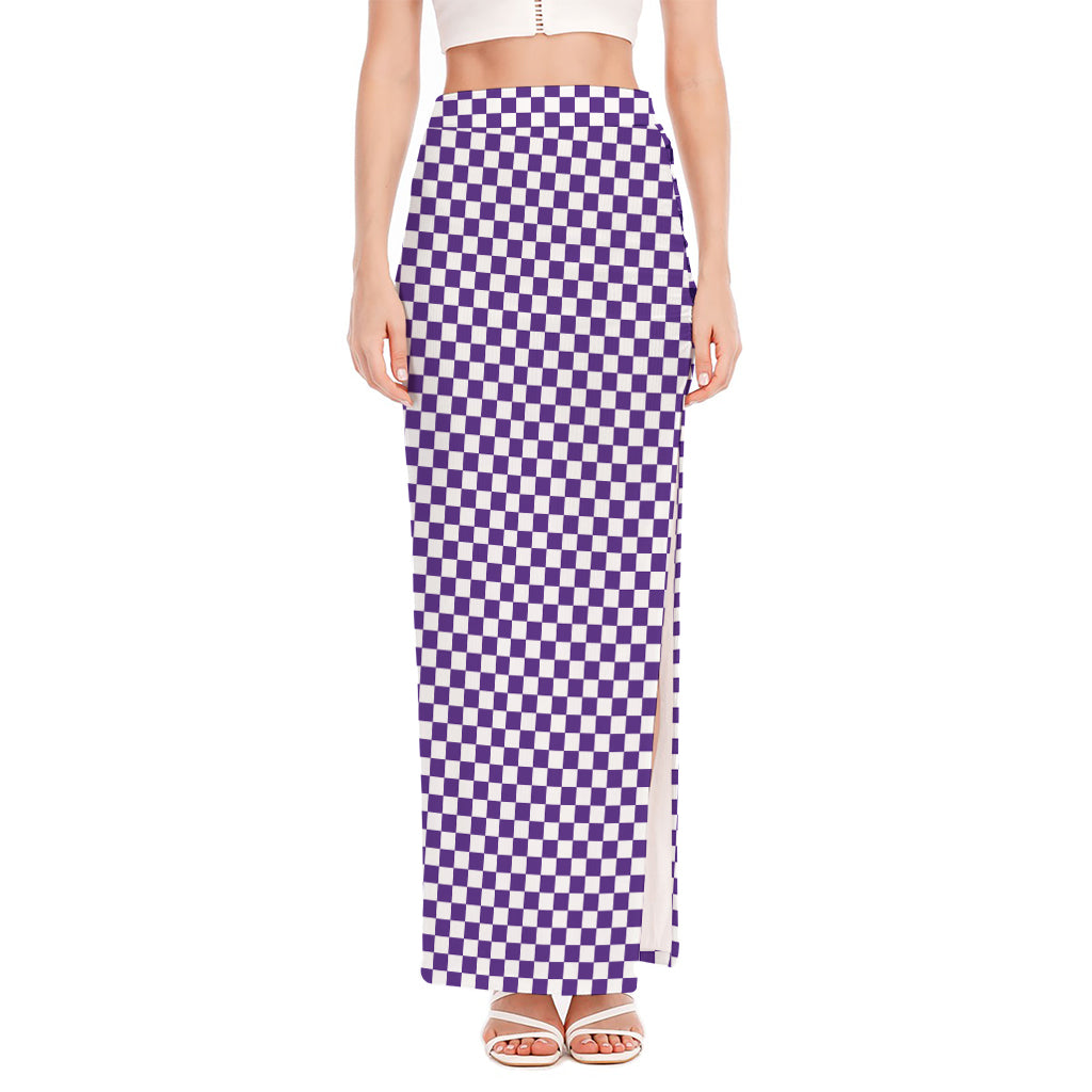 Purple And White Checkered Pattern Print High Slit Maxi Skirt
