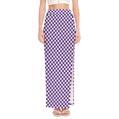 Purple And White Checkered Pattern Print High Slit Maxi Skirt