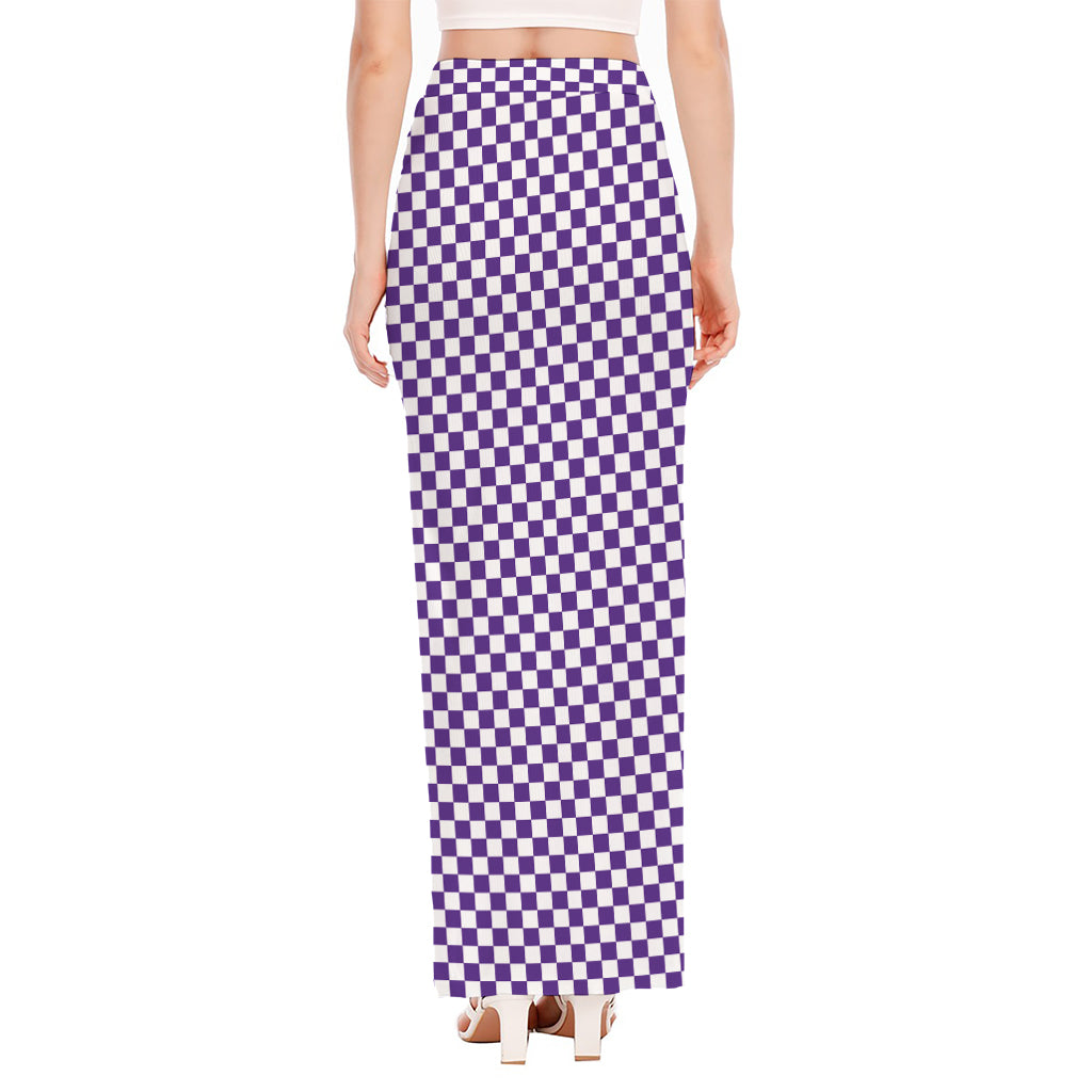 Purple And White Checkered Pattern Print High Slit Maxi Skirt