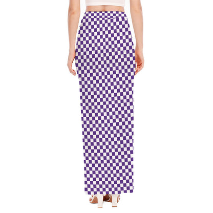 Purple And White Checkered Pattern Print High Slit Maxi Skirt