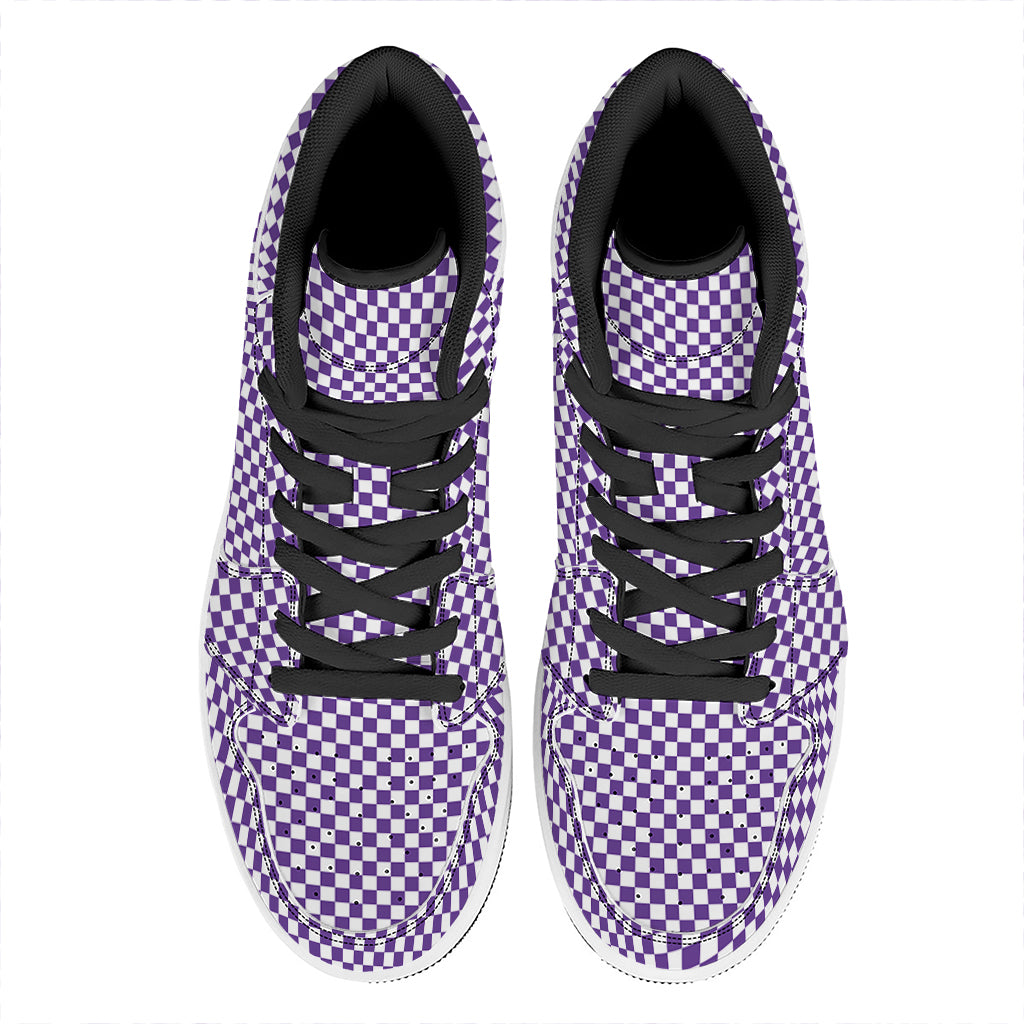 Purple And White Checkered Pattern Print High Top Leather Sneakers