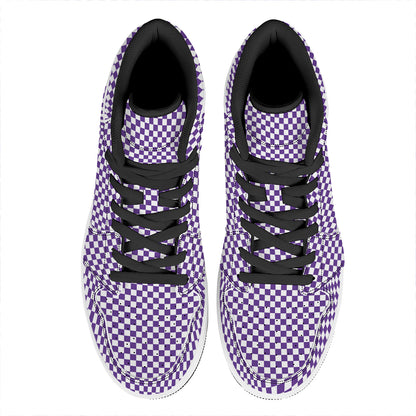 Purple And White Checkered Pattern Print High Top Leather Sneakers