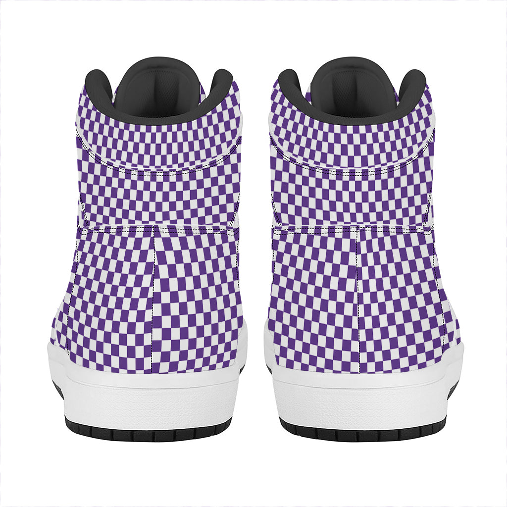 Purple And White Checkered Pattern Print High Top Leather Sneakers