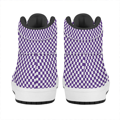 Purple And White Checkered Pattern Print High Top Leather Sneakers