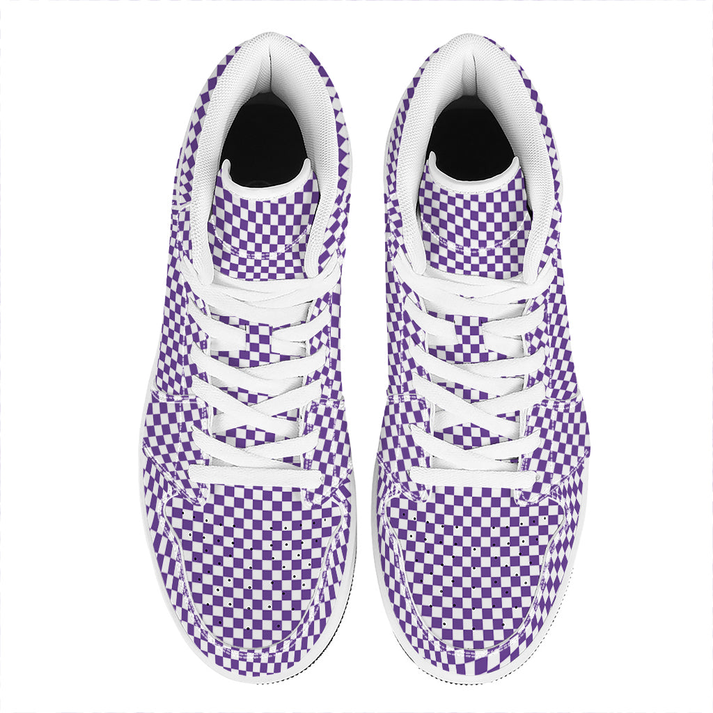 Purple And White Checkered Pattern Print High Top Leather Sneakers