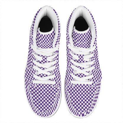 Purple And White Checkered Pattern Print High Top Leather Sneakers