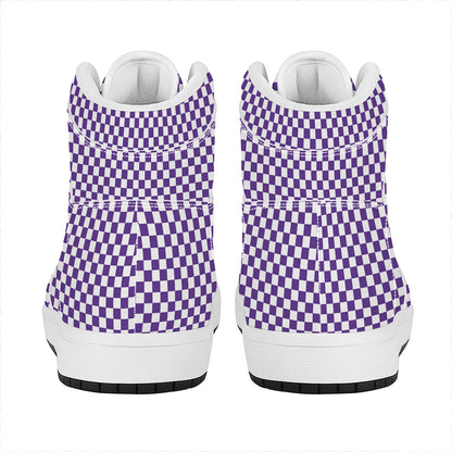 Purple And White Checkered Pattern Print High Top Leather Sneakers