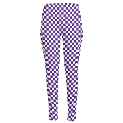 Purple And White Checkered Pattern Print High-Waisted Pocket Leggings