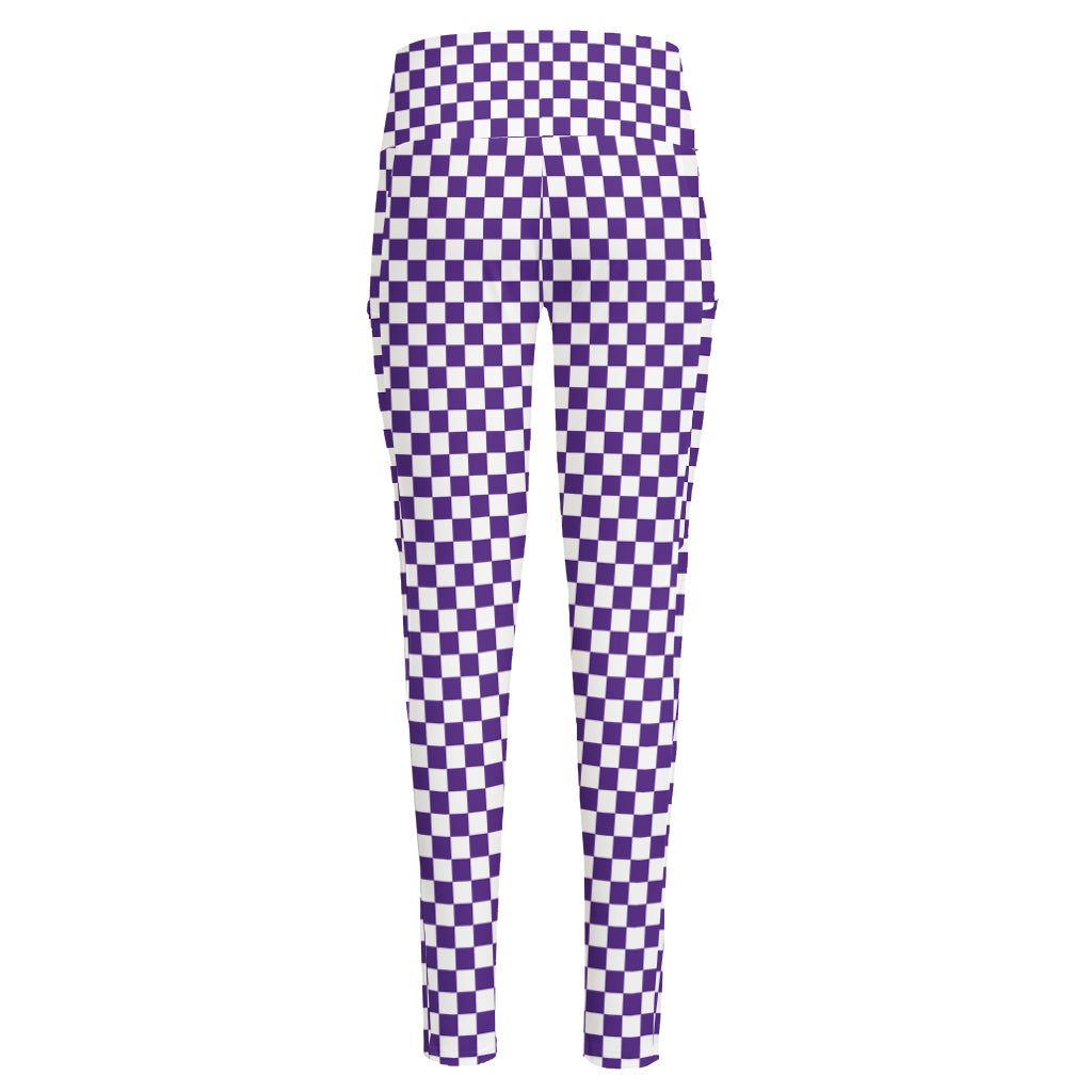 Purple And White Checkered Pattern Print High-Waisted Pocket Leggings