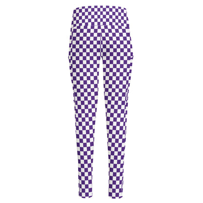Purple And White Checkered Pattern Print High-Waisted Pocket Leggings
