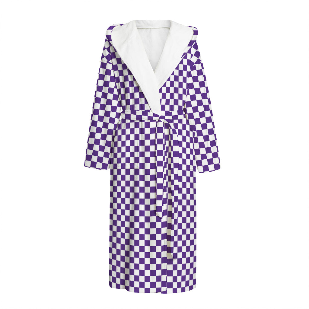 Purple And White Checkered Pattern Print Hooded Bathrobe