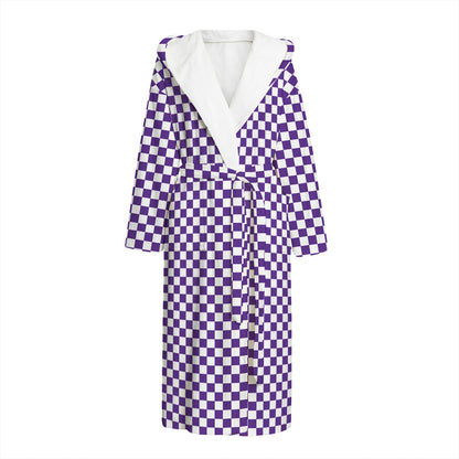 Purple And White Checkered Pattern Print Hooded Bathrobe