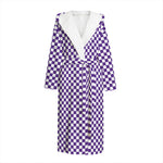 Purple And White Checkered Pattern Print Hooded Bathrobe
