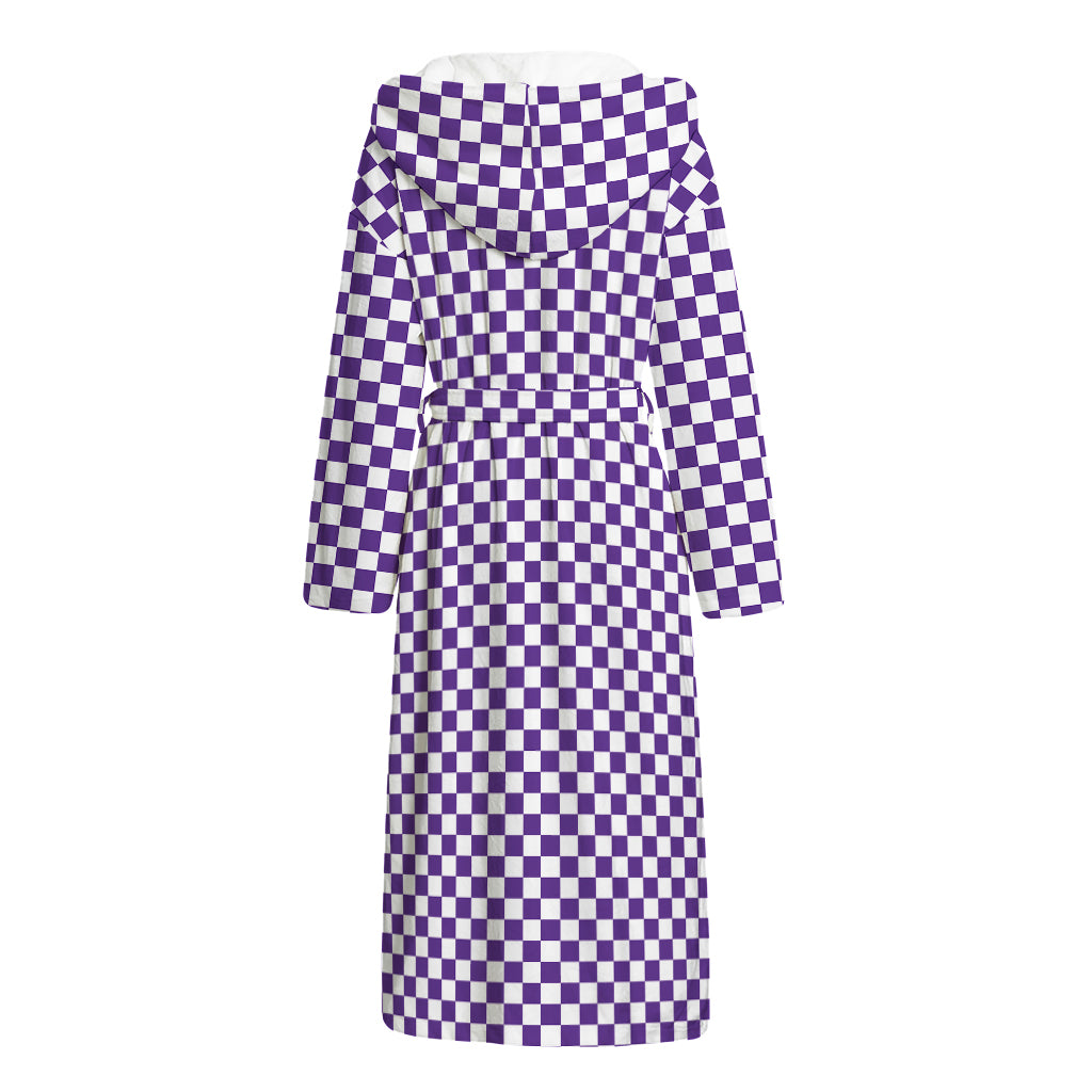 Purple And White Checkered Pattern Print Hooded Bathrobe