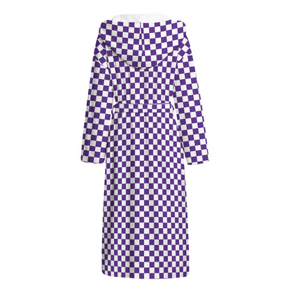Purple And White Checkered Pattern Print Hooded Bathrobe