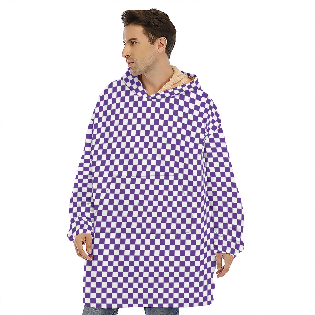 Purple And White Checkered Pattern Print Hoodie Blanket