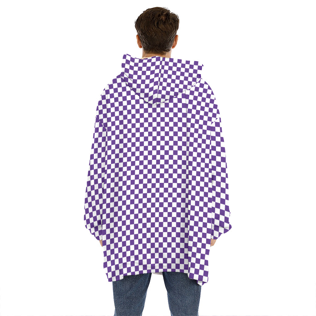Purple And White Checkered Pattern Print Hoodie Blanket