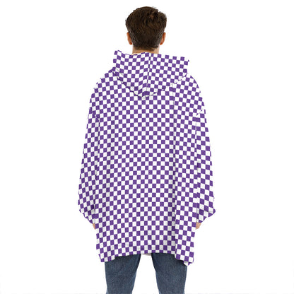 Purple And White Checkered Pattern Print Hoodie Blanket