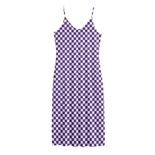 Purple And White Checkered Pattern Print Jersey Midi Cami Dress