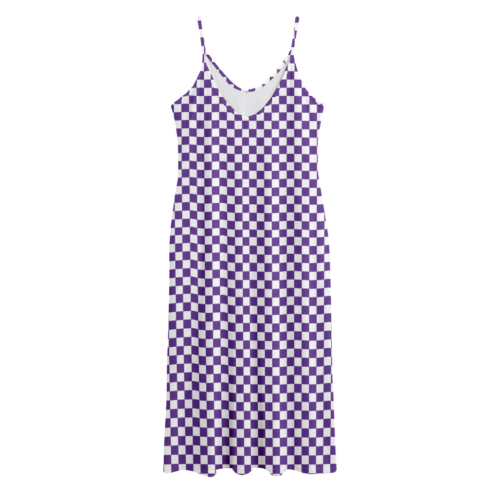 Purple And White Checkered Pattern Print Jersey Midi Cami Dress