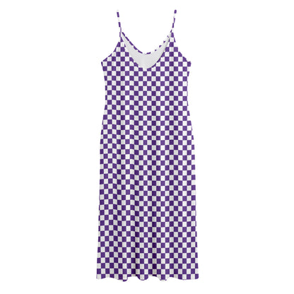 Purple And White Checkered Pattern Print Jersey Midi Cami Dress